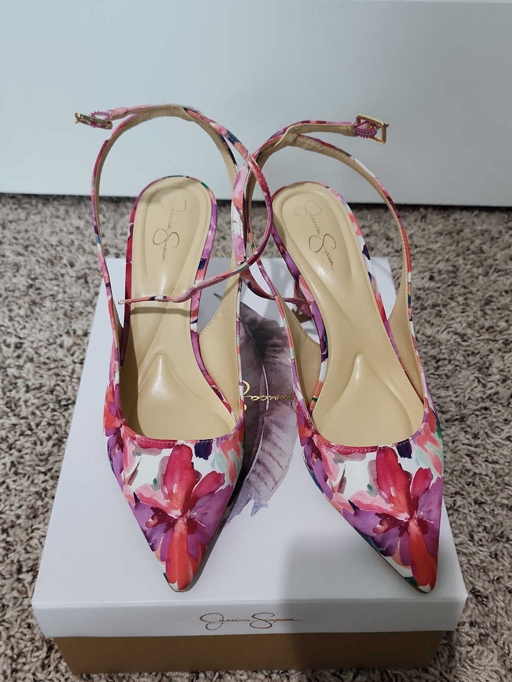 Jessica Simpson Pink Floral Pointed Slingback Heels